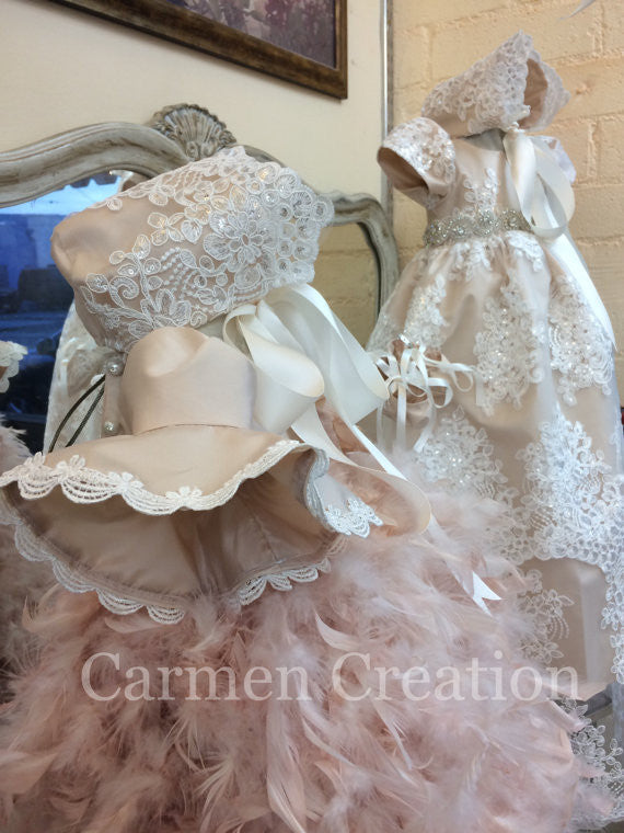 Victorian Feather Christening Gown Blush Pink – Carmen Creation