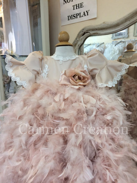 Victorian Feather Christening Gown Blush Pink