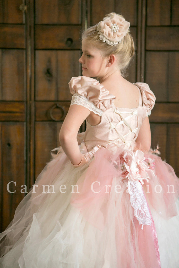 Blush pink tulle flower girl dress, White lace flower girl dress